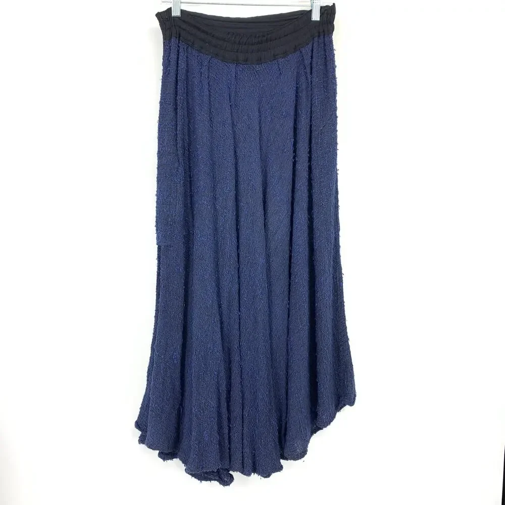 VTG Laise Adzer Pull On Midi Skirt Womens Sz Large Blue Black Cotton Gauze Boho
